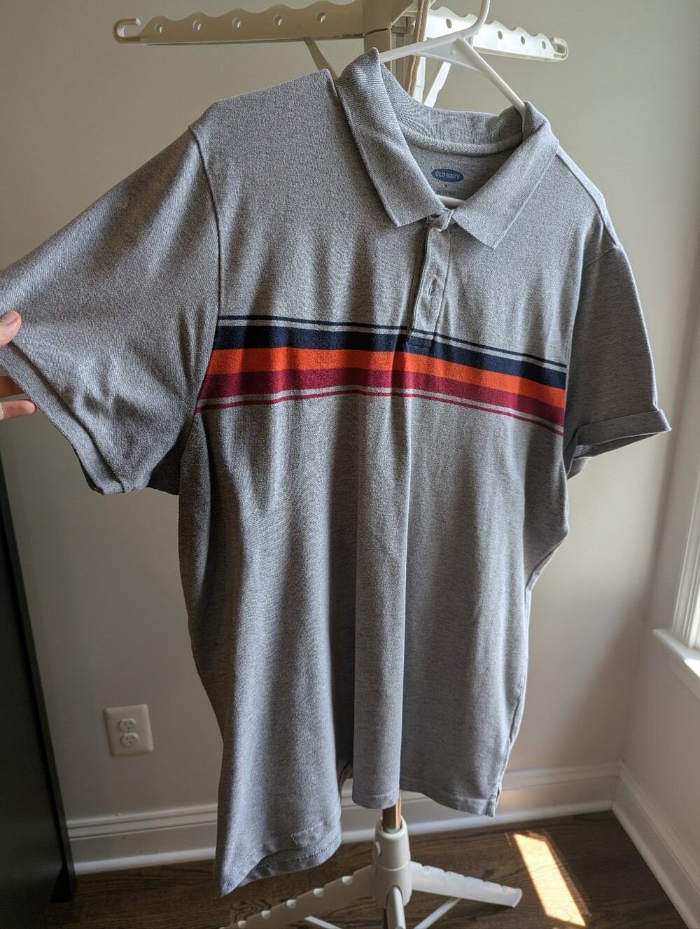 Old Navy Mens XL Gray Built-In Flex Short Sleeve Polo Shirt Retro Chest Stripe